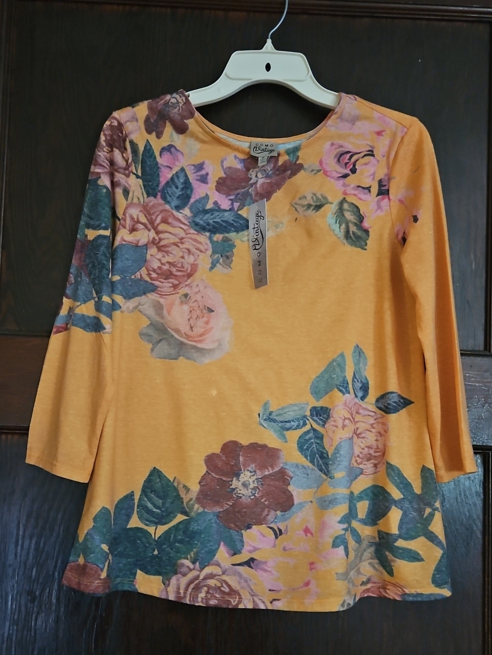Como Vintage Mustard Floral Scoop Neck 3/4 Sleeve Tee - Size M